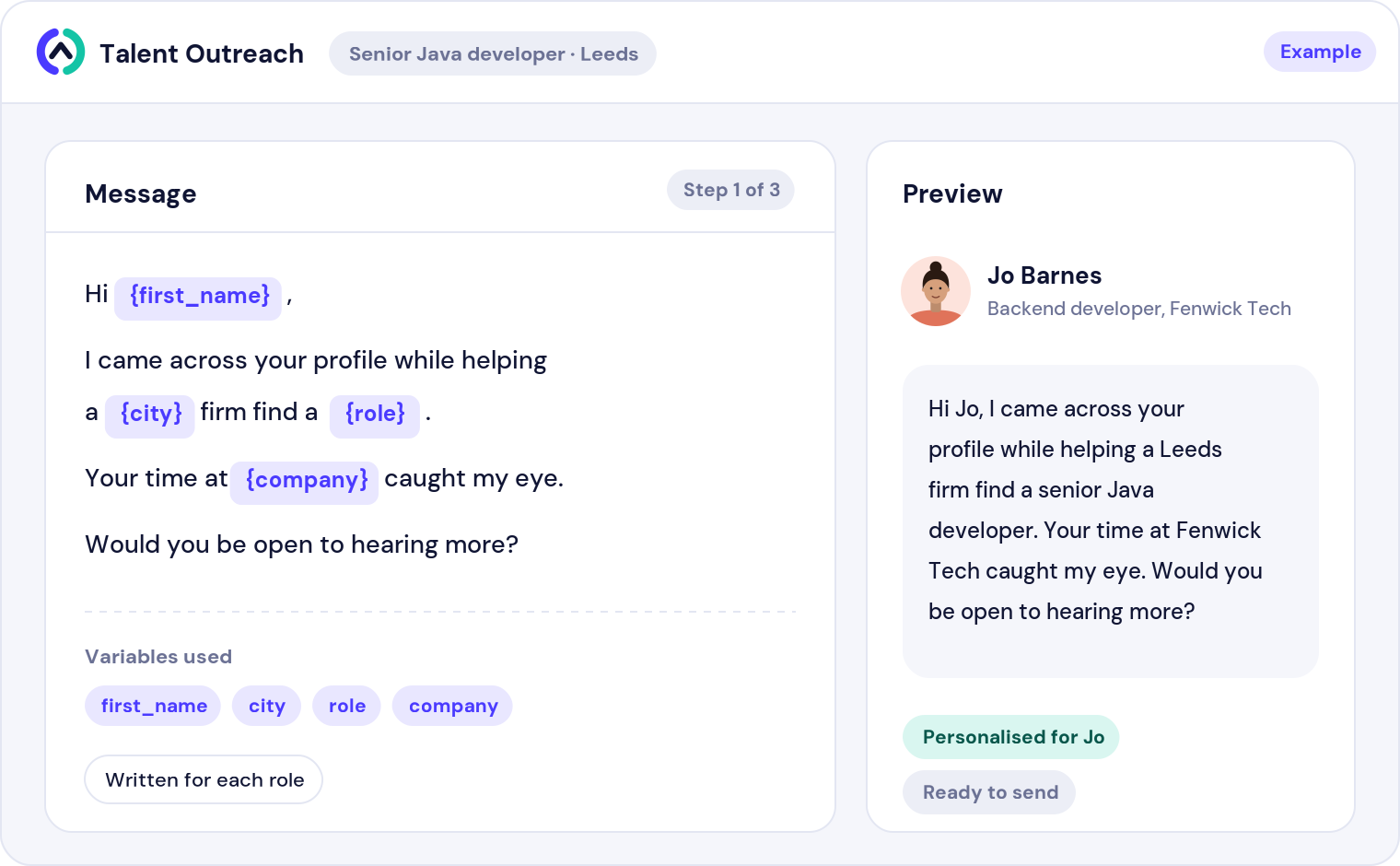 Screen: a personalised candidate message with variables and a preview (example data)