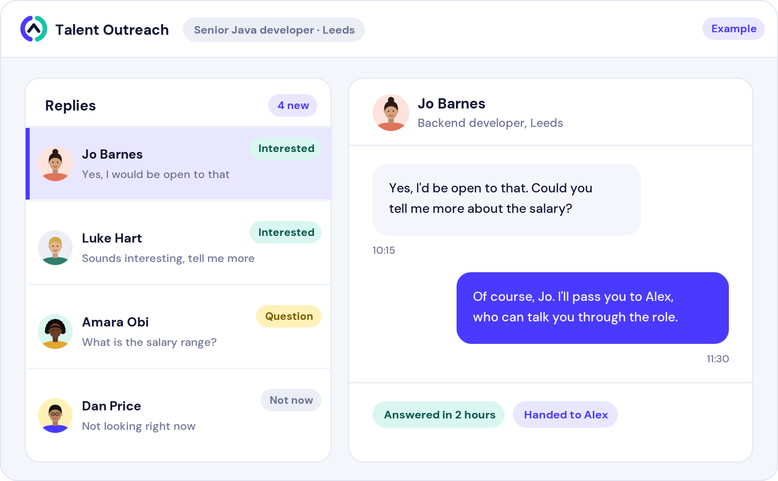Screen: candidate replies and a conversation handed to a consultant (example data)