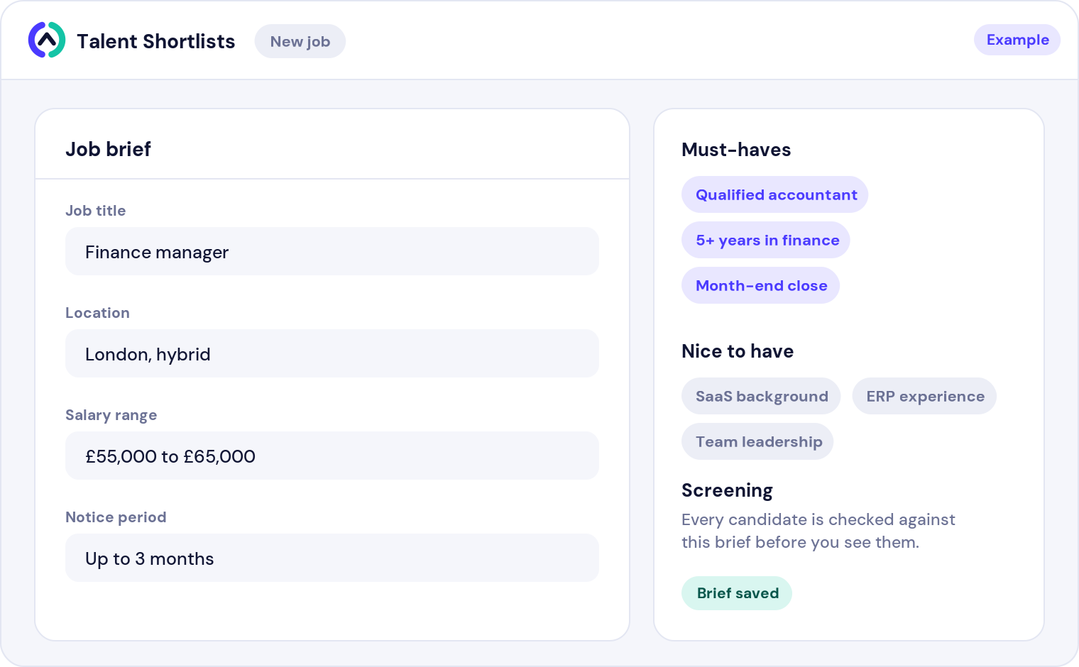 Screen: a job brief with must-haves, nice-to-haves, salary and notice period (example data)