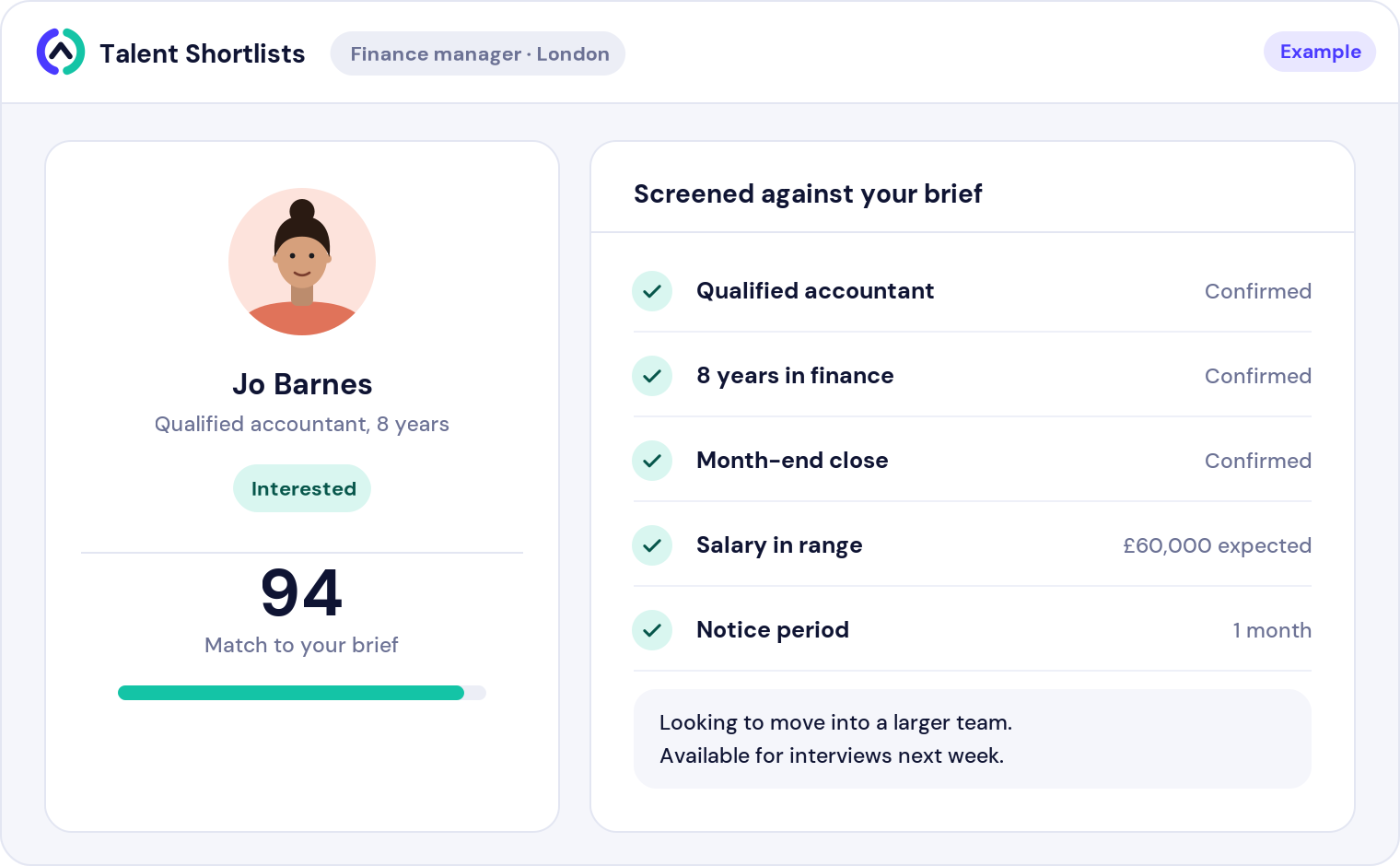 Screen: a candidate screened against a brief, with a match score (example data)